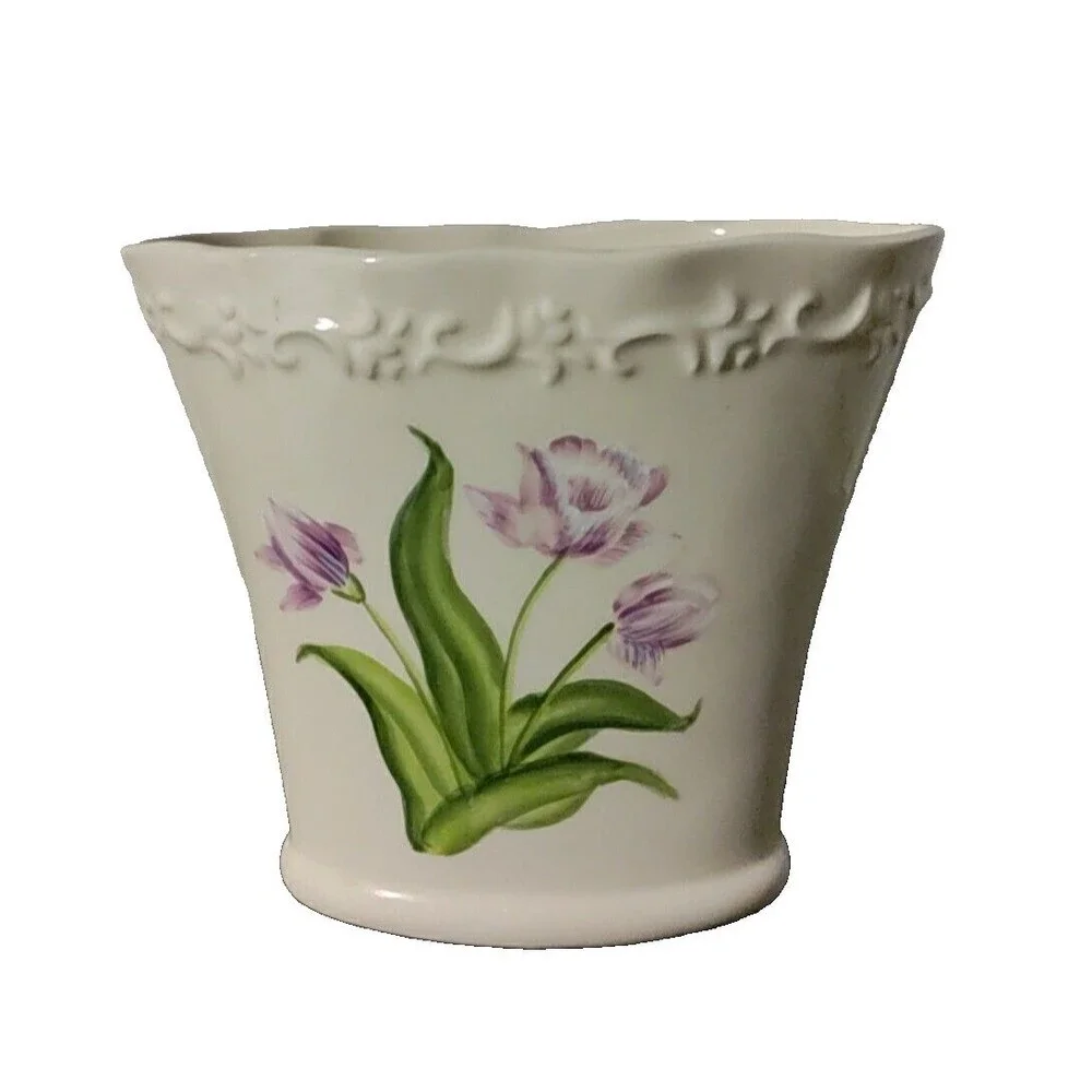 Vintage FTD Purple Tulip Green Leaves Oval Ceramic Vase 5 7/8
